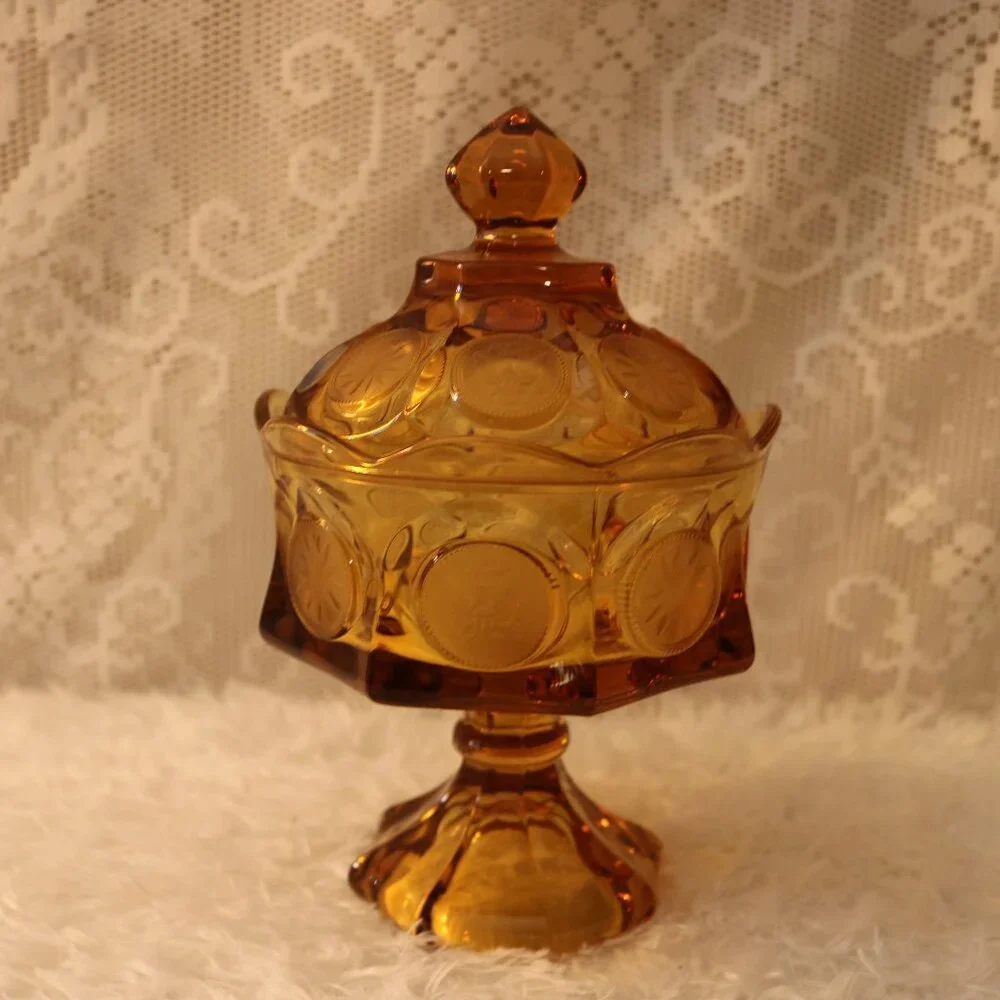 This Fostoria Amber candy dish coin glass vtg 70s beautiful liberty coins